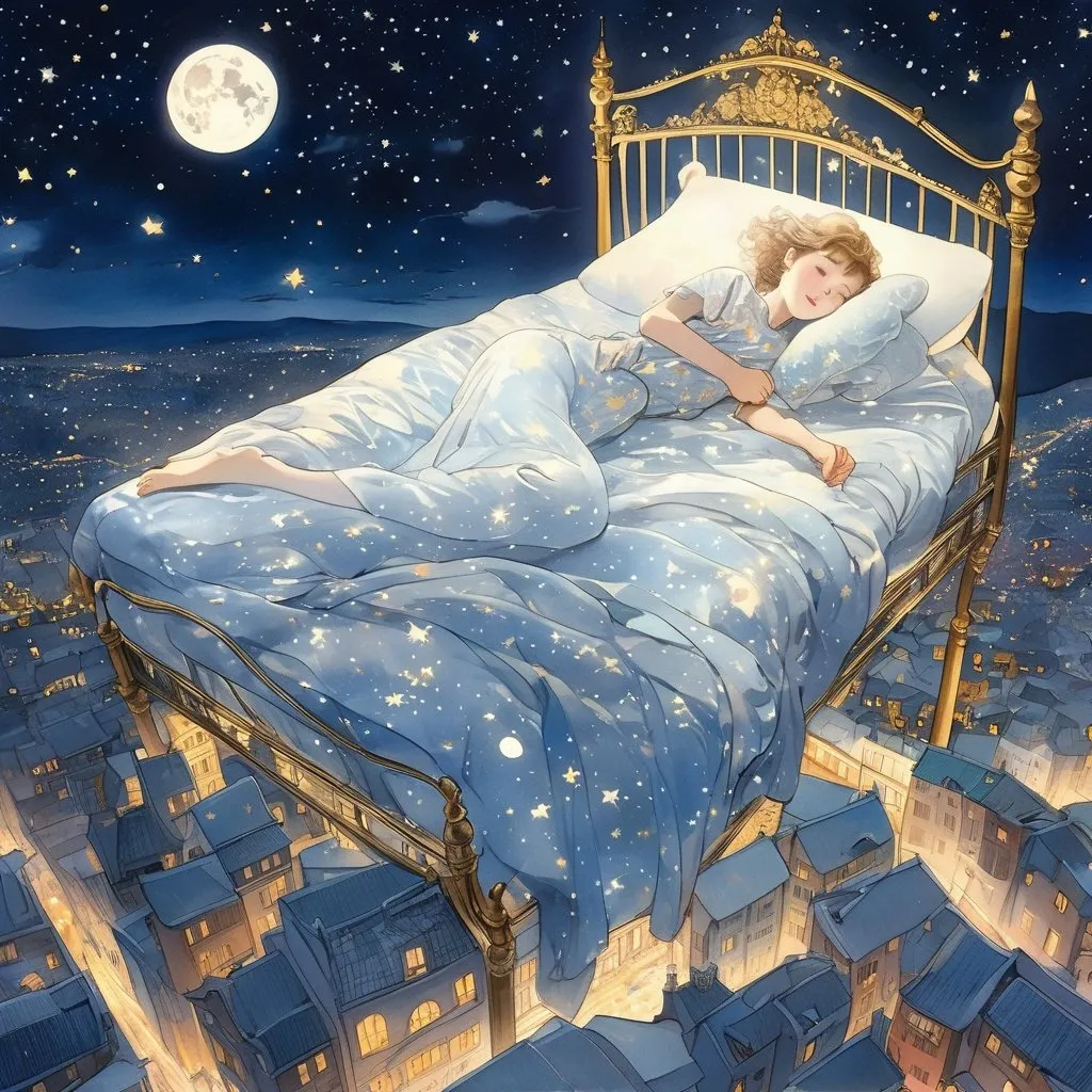 Prompt: Akihiro Yamada, Elsa Beskow, Surreal, mysterious, bizarre, fantastical, fantasy, Sci-fi, Japanese anime, bed floating in the night sky, city night view above, beautiful girl in cute pajamas, perfect body, moonlit night starry sky, bird's eye view, detailed masterpiece 