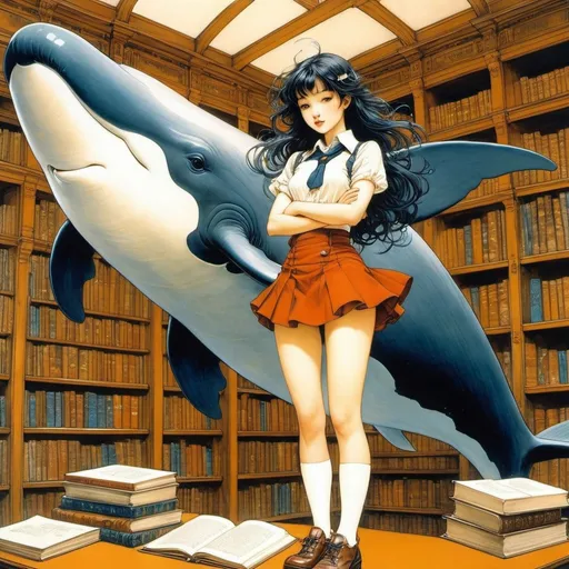 Prompt: Arthur Rackham, Rudolf Koivu, Rodolphe Bresdin, Katsuya Terada, Akihiro Yamada, Surrealism Mysterious Bizarre Fantastic Fantasy Sci-fi, Japanese Anime, Swimming on Paper Whale in the Library, Miniskirt Beautiful High School Girl, perfect voluminous body, detailed masterpiece