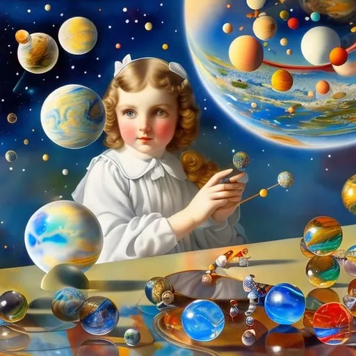 Prompt: Margaret Tarrant, Dali Kate Greenaway Whimsical　Sci-Fi Fantasy　Solar system in marbles　Girl peeking at marbles Hyperdetailed high resolution high definition high quality masterpiece