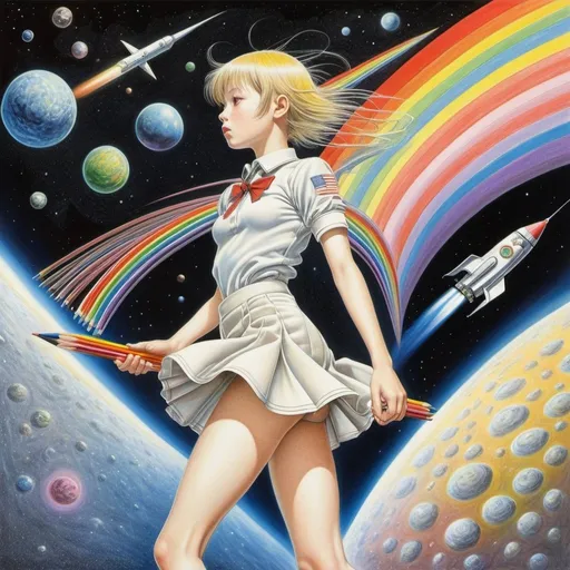 Prompt: Hiroshi Hirata, John M. Burns, Kevin O'Neill, Kay Nielsen, Květa Pacovská, Surrealism, wonder, strange, bizarre, fantasy, Sci-fi, Japanese anime, miniskirt beautiful high school girl drawing a rainbow in space with colored pencils, perfect voluminous body, rocket disintegrating, detailed masterpiece 