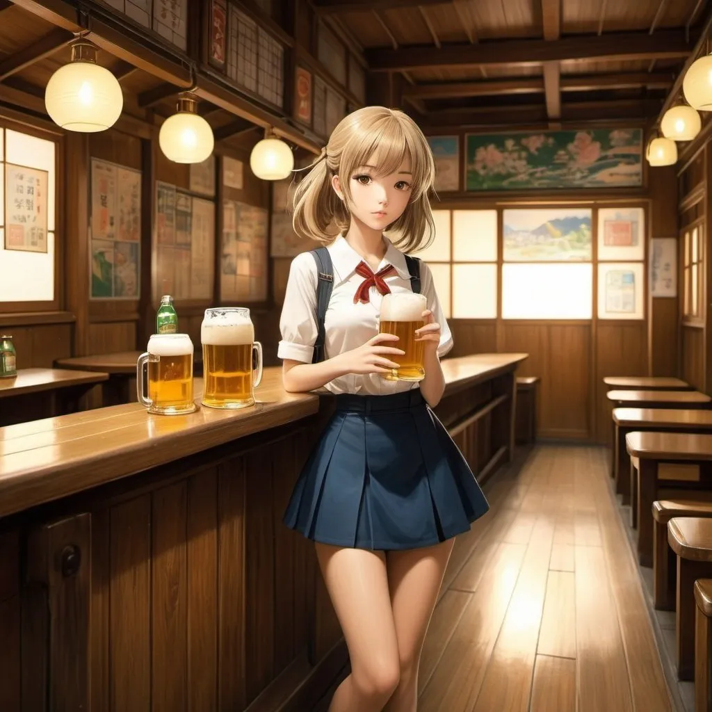 Prompt: Anne Anderson, Filippo De Pisis, Surreal, mysterious, strange, fantastical, fantasy, Sci-fi, Japanese anime, wooden school building, beer in small bottles, late night town, soba lover, subway, nostalgia, miniskirt beautiful girl, perfect voluminous body, detailed masterpiece 