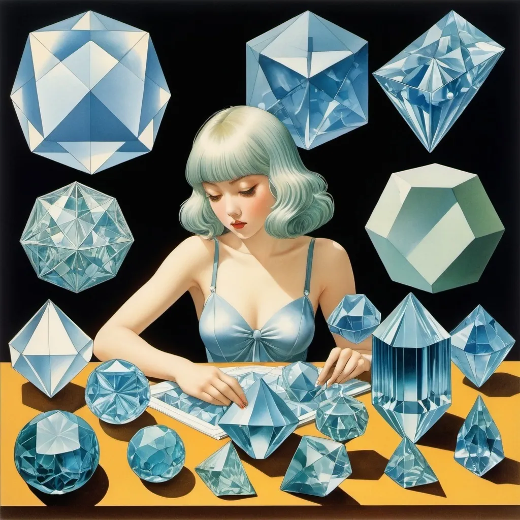 Prompt: George Barbier, Hajime Sorayama, Hans Bellmer, Yuko Higuchi, Mabel Attwell, Surrealism, Mysterious, Bizarre, Outlandish, Fantasy, Sci-fi, Japanese Anime, Recipe and illustrations for dividing fluorite into octahedrons, Table of elements and corresponding minerals, Experimental method for making crystals, Beautiful high school girl in a miniskirt who falls in love with minerals, perfect voluminous body, detailed masterpiece 