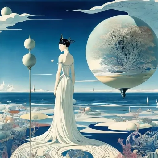 Prompt: Kay Nielsen, Jindřich Štyrský, Surreal, mysterious, strange, fantastic, fantasy, Sci-fi, Japanese anime, walking car, glass sphere, miniskirt beautiful girl, space, perfect voluminous body, sea, clouds, detailed masterpiece high angles perspectives 