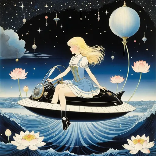 Prompt: Kay Nielsen, Henriette Willebeek le Mair, Harold McCauley, Shigeru Hatsuyama, Pixie O'Harris, Surrealism, wonder, strange, fantastic, fantasy, Sci-fi, Japanese anime, beautiful blonde miniskirt girl Alice riding a lotus floating in an ocean of stars, perfect voluminous body, rocket launch, detailed masterpiece 