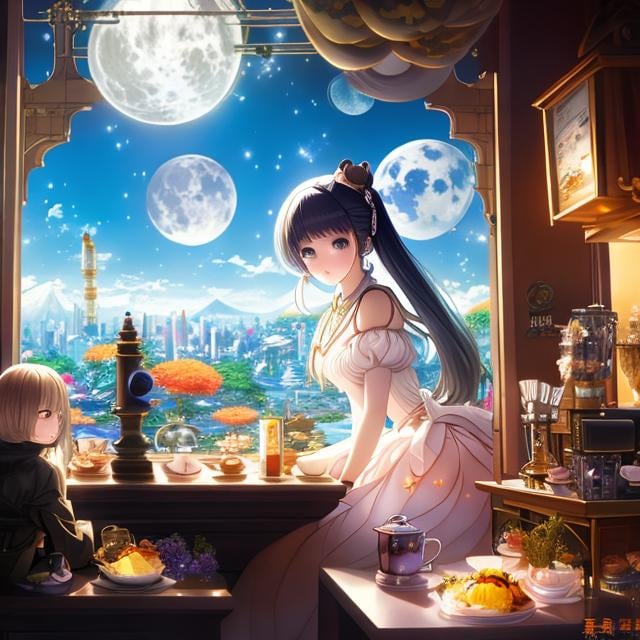 Prompt: Charles Doyle, Johannes Kepler, Japanese anime surreal mysterious bizarre sci-fi fantasy, moon sinking to the bottom of a cup, cafe counter, a girl sitting at the counter, hyperdetailed high resolution high definition high quality masterpiece