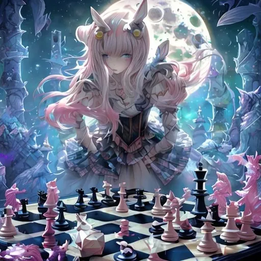 Prompt: Margaret Tarrant, Charles Doyle, Japanese Anime　surreal　fanciful　wondrous　strange　Whimsical　Sci-Fi Fantasy　Chessboard under the moon Chess pieces of geometric solids　Girl Alice