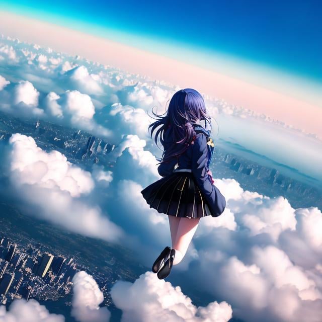 Prompt: D'Israeli, Luigi Serafini, James Jean, Surreal, mysterious, bizarre, fantastical, fantasy, sci-fi, Japanese anime, the sky above the futuristic city of Tokyo, a beautiful high school girl in a miniskirt freefalling, perfect voluminous body, her arms and legs spread, between the clouds, a bird's-eye view, action, detailed masterpiece depth of field cinematic lighting 