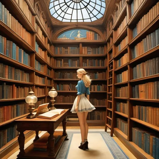 Prompt: Anton Pieck, Giorgio Vasari, George Barbier, Oliver Jeffers, Elsa Beskow, Adrienne Segur, Emin Mete Erdoğan, Alexander Bonaccorsi, Surrealism, wonder, strange, fantastical, fantasy, Sci-fi, Japanese anime, Library of Alexandria, Captain Nemo's library, Borges's bookshelf, universe of books, library as space, blueprints, cross-sections, displacement of vanishing point, library as a place to return to, blonde miniskirt beautiful girl alice, perfect voluminous body, detailed masterpiece 