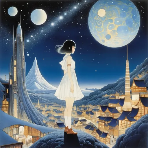 Prompt: Kay Nielsen, Junaida, Sydney Sime, Margaret Macdonald Mackintosh, Aya Takano, Surrealism, wonder, strange, fantastical, fantasy, Sci-fi, Japanese anime, food stall style going down the Milky Way, miniskirt beautiful boatman, perfect voluminous body, valley between buildings, nebula, Detailed masterpiece 