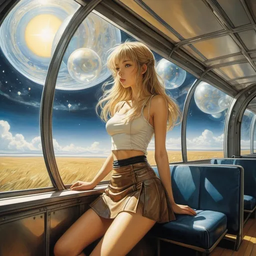 Prompt: Sven Nordqvist, Eva Lindström, Arthur Rackham,Lasse Sandberg,  Surreal, mysterious, strange, fantastical, fantasy, Sci-fi, Japanese anime, star-journey beautiful girl in miniskirt, perfect voluminous body, small sun in a glass bottle, long-distance space bus, detailed masterpiece wide high angles perspectives 