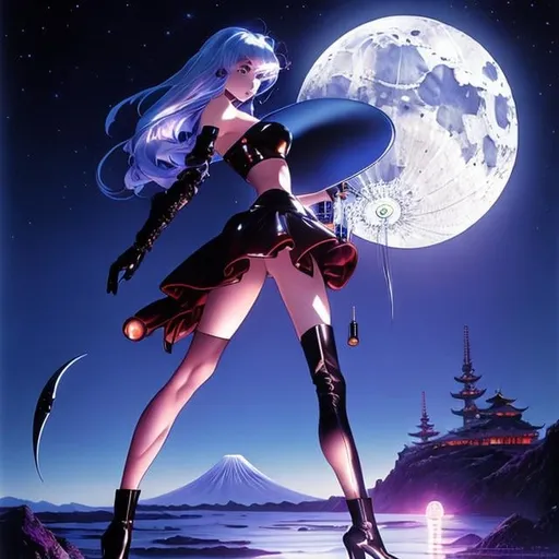 Prompt: Alan Davis, Fanny Cory, Surreal, mysterious, strange, fantastical, fantasy, Sci-fi, Japanese anime, moonlight extraction device. The collected moonlight becomes liquid light in a glass bottle, A beautiful girl in a miniskirt operates the device, Perfect voluminous body, detailed masterpiece 