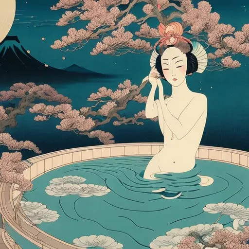 Prompt: Ukiyo-e style, George Barbier, Japanese anime,,woodblock print style, surreal, mysterious, bizarre, fantastical, fantasy, sci-fi, broken moon, girl, sinking in the pool, detailed, high resolution definition quality masterpiece, cinematic lighting, depth of field, focus, vibrant colour 