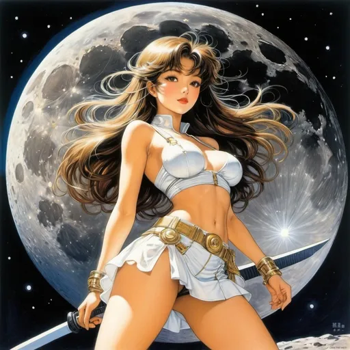 Prompt: Gertrud Caspari, Masamune Shirow, Surreal, mysterious, strange, fantastic, fantasy, Sci-fi, Japanese anime, living on the moon, playing with the moon, rotating the moon, loving the moon, opening the moon, miniskirt lunar eclipse beautiful girl, perfect voluminous body, detailed masterpiece 