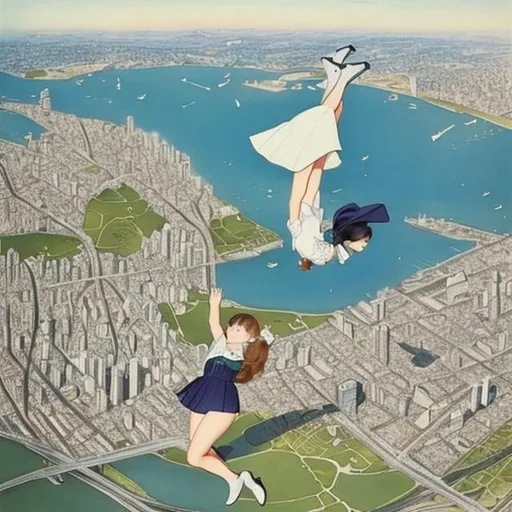 Prompt: Kate Greenaway, Margaret Tarrant, Anne Anderson, Sci-fi Fantasy,  Free-Falling Miniskirt Schoolgirl　Overhead view　open arms and legs, Over Tokyo city 