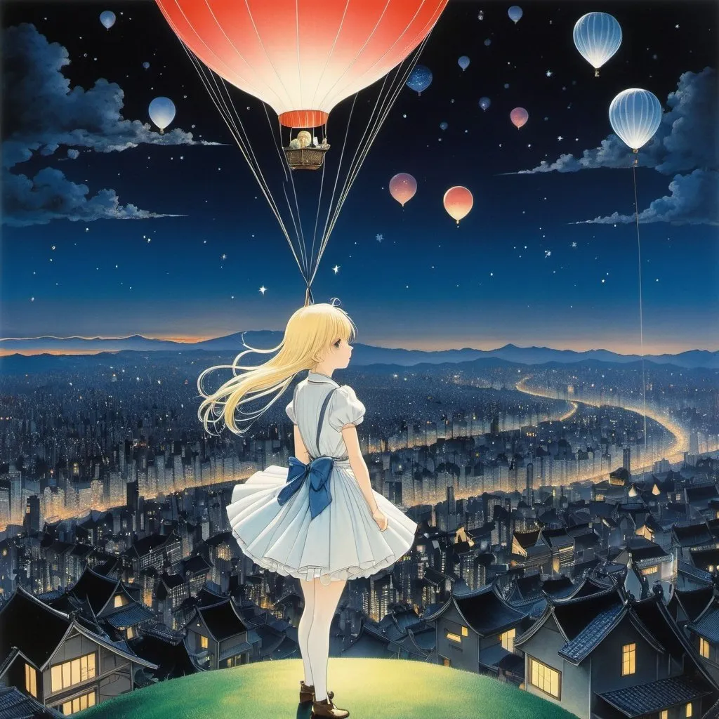 Prompt: Kay Nielsen, Cristina Valadas, Mitsumasa Anno, Tony Taka, Naoyuki Kato, Surrealism, strange, strange, fantastical, fantasy, Sci-fi, Japanese anime, riding a balloon to catch the stars, galaxy, Tokyo night view far below, beautiful blonde miniskirt girl Alice, perfect voluminous body, bird's eye view, detailed masterpiece 