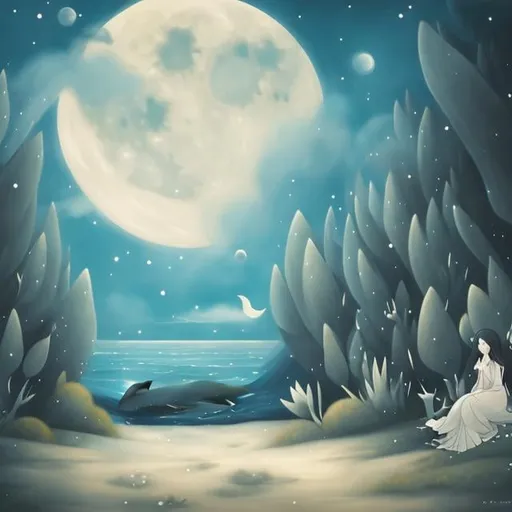 Prompt: Leonora Carrington style, Japanese anime moon sleeping in basement, a girl wondering looking for her fate, whale beach, orb, detailed, high quality, high resolution, high definition, masterpiece 