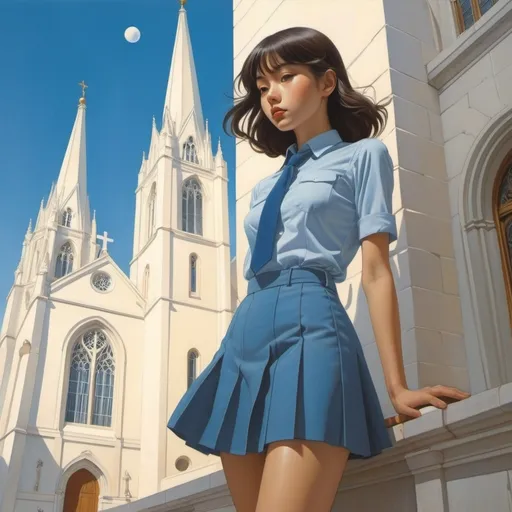 Prompt: Emiliano Ponzi, Hajime Sorayama, Moto Hagio, Frank Pape, Heikala, Surrealism, Mystery, Weird, Outlandish, Fantasy, Sci-fi, Japanese Anime, Grace of Blue, Teachings of the Olivier Hourglass, Miniskirt Beautiful High School Girl Searching for the Cathedral at the Crossroads, perfect voluminous body, detailed masterpiece 