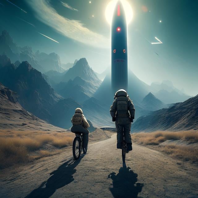 Prompt: Mikhail Tsekhanovskiy, Anton Lomaev, Surreal, mysterious, strange, fantastic, fantasy, sci-fi, Japanese anime, a suicide mission to the moon from which there is no return, the race for space development is a product of human delusion, the hero who went to the moon by rocket is still frantically pedaling his bicycle, absurdity, detailed masterpiece hand drawings