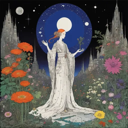 Prompt: Harry Clarke, Quentin Blake, Ernst Konrad Theophil Kreidolf, Surreal, Mysterious, Strange, Fantastic, Fantasy, Sci-Fi, Japanese Anime According to the philosophy of astrology, plants are stars on earth.In the beginning, God Almighty created a garden. It is truly the purest of human pleasures, views of nature, aesthetics, philosophy, science, engineering, propaganda devices, ancient sculptures, visual effects, urban planning, beautiful lady, detailed masterpiece 