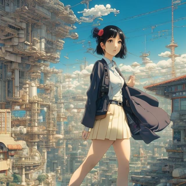 Prompt: Katsuhiro Otomo, Kenji Tsuruta, James Jean, Surreal, mysterious, bizarre, fantastical, fantasy, Sci-fi, Japanese anime, spiral utopia, science of imagination, blueprint of utopia, perspective drawing, vanishing perspective, curved perspective, vertical perspective, superimposed perspective, oblique projection, beautiful girl miniskirt high school girl, perfect voluminous body, manifestation of imagination, hyper detailed masterpiece, high resolution definition quality, depth of field cinematic lighting 
