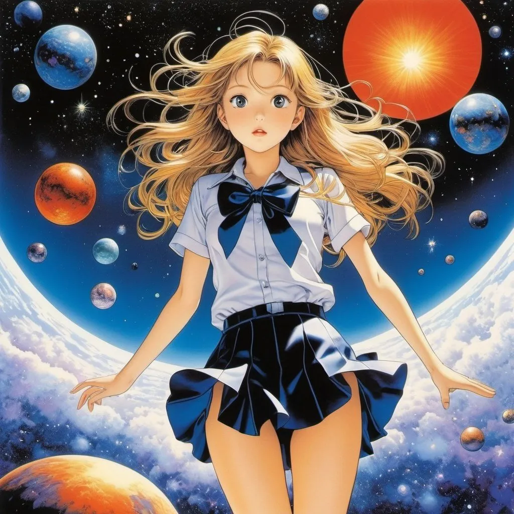 Prompt: Hirohiko Araki, Margaret Tempest, Surreal, mysterious, strange, fantastic, fantasy, sci-fi, Japanese anime. Atoms were created in the universe 13.8 billion years ago, and atoms were scattered throughout the galaxy due to the explosion of a gigantic planet. Then, the hydrogen gas floating in the universe eventually became A beautiful high school girl in a miniskirt who has transformed into a human, and our bodies are made of things that have traveled to distant stars, or perfect volcanoes body, detailed masterpiece 