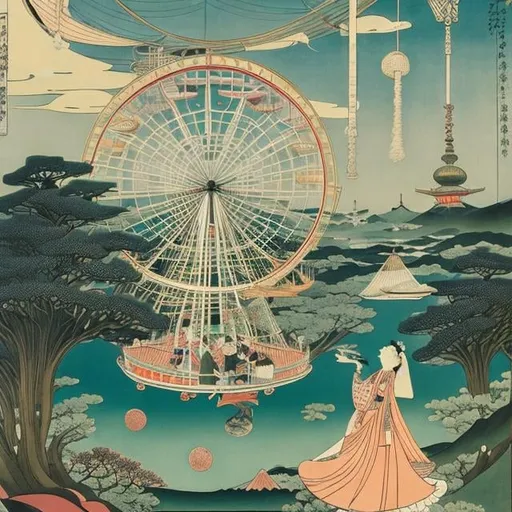 Prompt: Ukiyo-e style　Leonora Carrington, Maurice Sendak, Kay Nielsen Anime　surreal　wondrous　strange　Whimsical　absurderes　fanciful　Sci-Fi Fantasy　Night Ferris wheel
