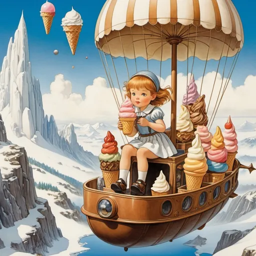 Prompt: Maurice Sendak, Margaret Tempest, Elsa Beskow, Mateusz Urbanowicz, Tōshi Yoshida, Surrealism, wonder, bizarre, fantastical, fantasy, sci-fi fantasy, anime, land of wild ice cream, beautiful girl in a miniskirt going on an adventure on an airship, perfect voluminous body, ice cream cones towering like ancient ruins, fresh cream volcano, forest of popsicles, ice cream mountains, detailed masterpiece 