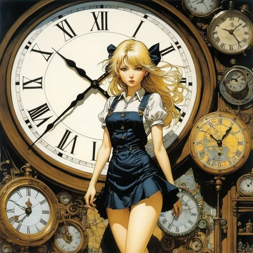 Prompt: Arthur Rackham, Gerrit Beneker, Richard Bosman, Tomi Ungerer, Katsuhiro Otomo, Surrealism, wonder, strange, bizarre, fantasy, Sci-fi, Japanese anime, clock setting, time being cast, critical protein light, mines, chaos, world map of electricity, blonde miniskirt beautiful girl Alice, perfect voluminous body, detailed masterpiece 