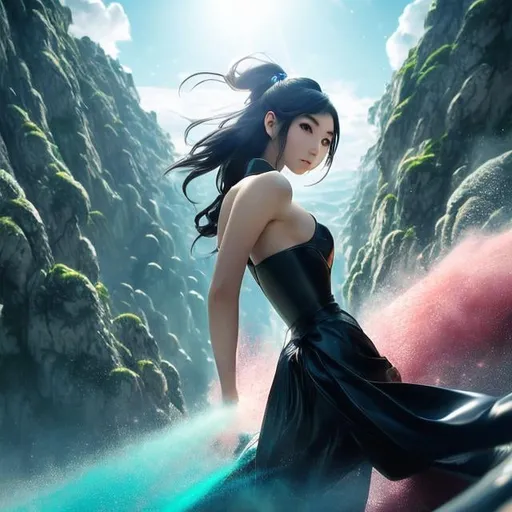 Prompt: Haruhiko Mikimoto, James Jean, Surreal, mysterious, strange, fantastical, fantasy, Sci-fi, Japanese anime, beautiful miniskirt girl running up a steep cliff on a motorcycle, perfect body, black hair, long flowing hair, defying gravity, engine at full throttle, dynamism, action, hyper detailed masterpiece depth of field cinematic lighting hand drawings
