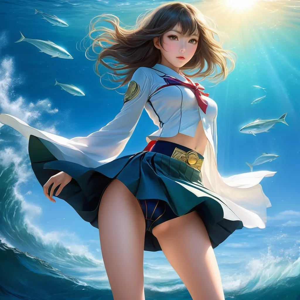 Prompt: Samuli Heimonen, Izumi Aso, Surreal, mysterious, strange, fantastical, fantasy, Sci-fi, Japanese anime, lyrical miniskirt beautiful girl, perfect body, Yuudou Maki sinking into the sunless sea, detailed masterpiece 