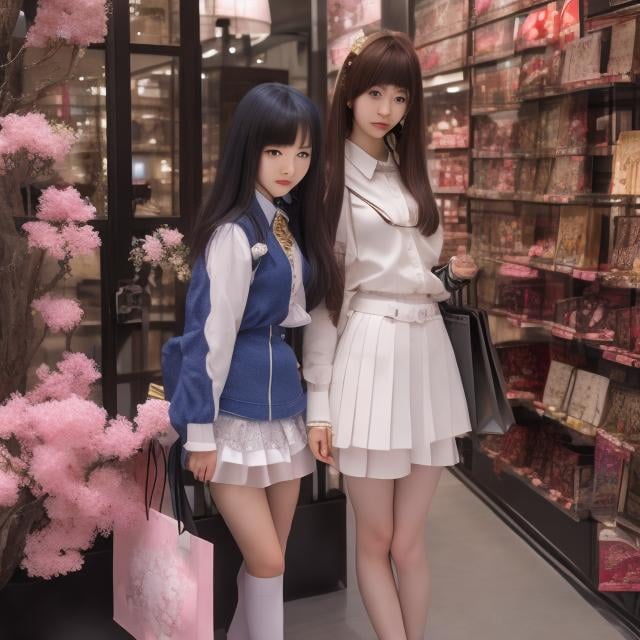 Prompt: François Bourgeon, Wolf Erlbruch , Surreal, mysterious, strange, fantastical, fantasy, Sci-fi, Japanese anime, Kara no Kyoukai, a beautiful high school girl in a miniskirt enjoying shopping in Ginza, detailed masterpiece 