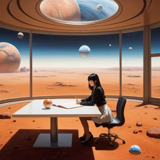 Prompt: Mitzura Arghezi, Rudolf Koivu, Per Gustavsson, Haruyo Kawashima, Junko Mizuno, Yumiko Igarashi, Surrealism, wonder, strange, bizarre, fantasy, Sci-fi, Japanese anime, deserted square, Mars with a diameter of 3 meters floating on the ground, a beautiful high school girl in a miniskirt sitting at a study table observing Mars, perfect voluminous body, a glass orbital elevator that reaches to the sky in the distant background, detailed masterpiece 