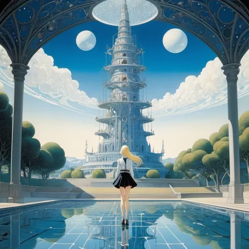 Prompt: Kay Nielsen, Yuu Watase, James Jean, Mirko Hanák, Josef Liesler, Surrealism, wonder, strange, bizarre, fantasy, Sci-fi, Japanese anime, tower of genes, Mars floating in the school pool, beautiful high school girl in a miniskirt, perfect voluminous body, detailed masterpiece 