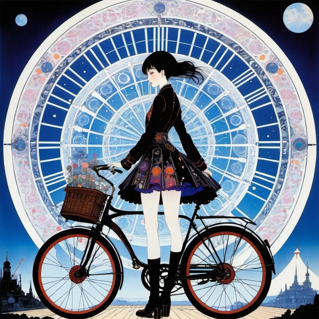 Prompt: Harry Clarke, Takashi Yamazaki, Surreal, mysterious, strange, fantastical, fantasy, Sci-fi, Japanese anime, future tourism, bicycle time machine, miniskirt beautiful girl, perfect voluminous body, detailed masterpiece 