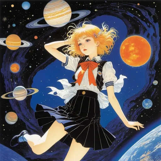 Prompt: Harry Clarke, Moto Hagio, katsuhiro Otomo, yuu watase, Ai Yazawa, Surrealism, wonder, strange, bizarre, fantasy, Sci-fi, Japanese Anime, model of the solar system floating in space, classroom, beautiful high school girl in a miniskirt, perfect voluminous body, astronomy and planetary science, detailed masterpiece low high angles 