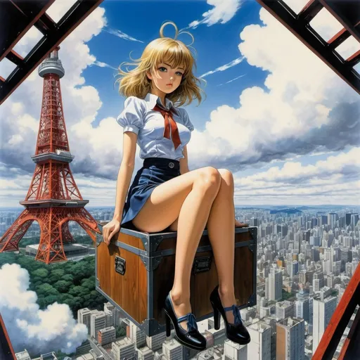 Prompt: Jeanne Hebbelynck, Marcel Marlier, Masamune Shirow, Surrealism, wonder, strange, bizarre, fantasy, Sci-fi, Japanese anime, Tokyo Tower in a box, a beautiful high school girl in a miniskirt looking into the box from above, perfect voluminous body, blue sky, cumulonimbus clouds, detailed masterpiece 