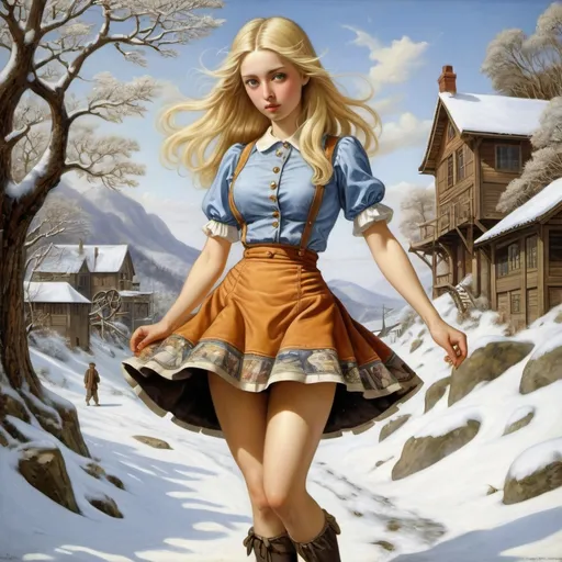 Prompt: Danielle Dufault, Helen Adelaide Wood, Marianne North, Ernst Haeckel, Fernando Neyra Moreta, Surrealism, mysterious, bizarre, fantastical, fantasy, Sci-fi, Japanese anime, medieval perpetual motion, self-rotating wheels and non-equilibrium weights, snow appears as a "mineral", study of the beautiful blonde miniskirt girl Alice, perfect voluminous body, detailed masterpiece scientific drawings 