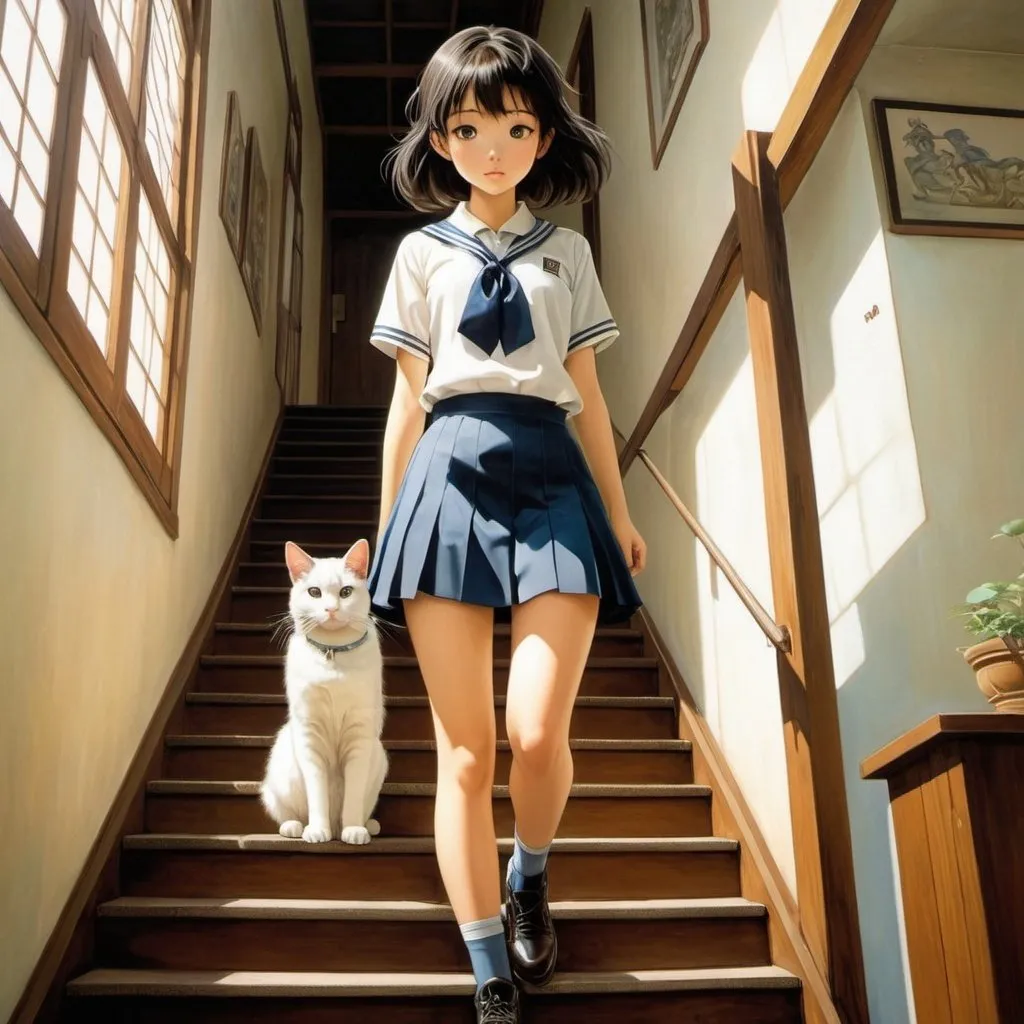 Prompt: Kōji Fukiya, Stevan Dohanos, Surreal, mysterious, strange, fantastical, fantasy, Sci-fi, Japanese anime, eternal ♾️-shaped stairs, a miniskirt beautiful high school girl walking with a cat on the stairs, perfect voluminous body, detailed masterpiece 