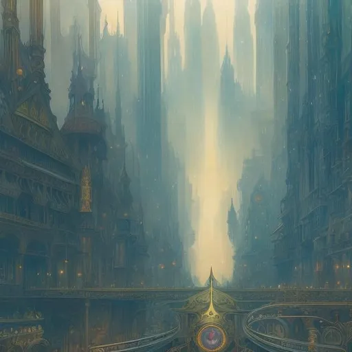 Prompt: Alphonse Mucha, Maurice Sendak, Charles Doyle, Surreal, mysterious, bizarre, fantastical, fantasy, Sci-fi fantasy, anime, The Mirror of Venice, or the bizarre adventures of the glass man, A man obsessed with a gigantic building, A city inside a music box, A realized utopia, detailed masterpiece depth of field cinematic lighting