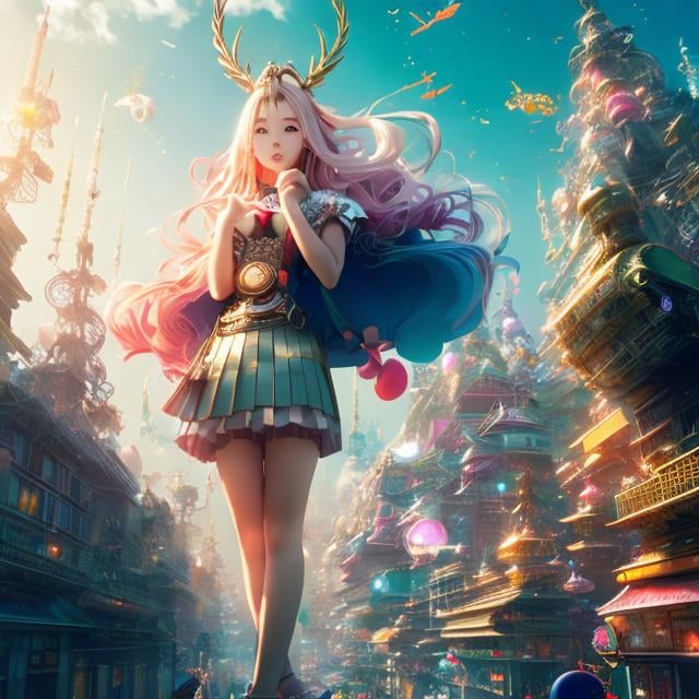 Prompt: Yoshio shimizu, tomokazu matsuyama, Surreal, mysterious, bizarre, fantastic, fantasy, Sci-fi, Japanese anime, wire-worked giant, clock-headed man, blonde miniskirt beautiful girl Alice watching over men, tower falling apart, hyper detailed masterpiece, action scenes, depth of field cinematic lighting 