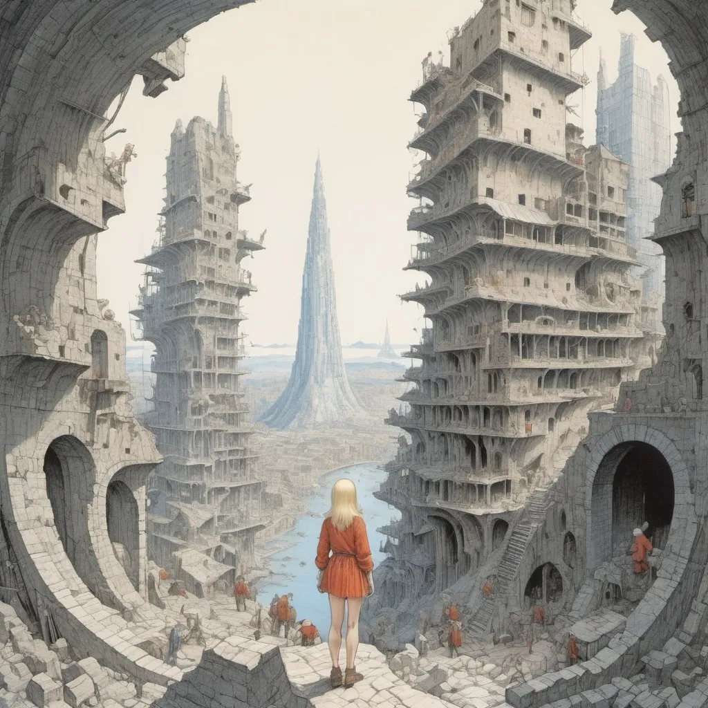 Prompt: Jean Giraud, Hugh Ferriss, Pieter Bruegel the Elder, Katsuhiro Otomo, Giovanni Paolo Panini, Surrealism, strange, bizarre, fantastical, fantasy, Sci-fi, Japanese anime, opening the body of the city, reconstruction drawings, blueprints, cross-sectional drawings of ruins, architectural views, or beautiful blonde miniskirt girl Alice who draws illustrations of universe around her, perfect voluminous body, detailed masterpiece low high angles perspectives fine line drawings 