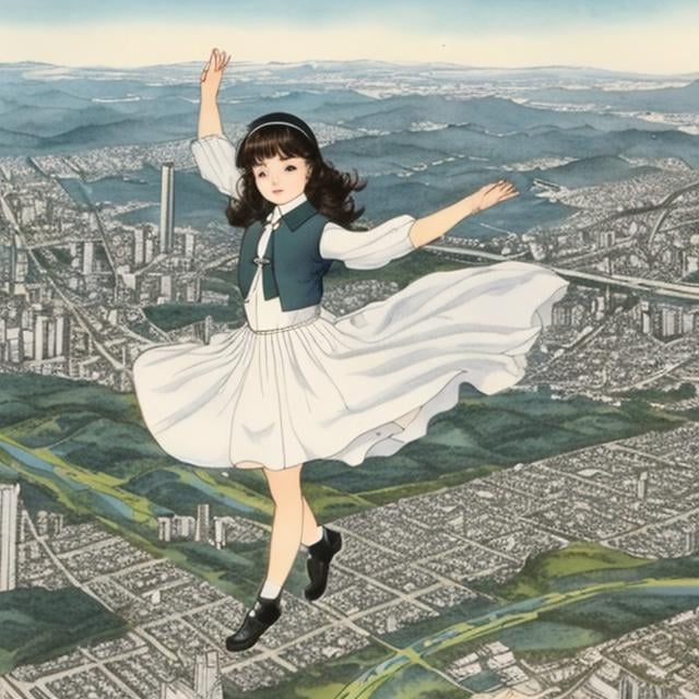 Prompt: Kate Greenaway, Margaret Tarrant, Anne Anderson, Sci-fi Fantasy,  Free-Falling Miniskirt Schoolgirl　Overhead view　open arms and legs, Over Tokyo city 