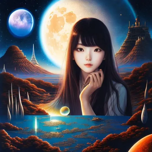 Prompt: Futaba Aoi, Frank Brunner, Surreal, mysterious, bizarre, fantastical, fantasy, Sci-fi, Japanese anime, glass dome lunar astronomical observation laboratory, radio telescope, nebula, cosmic rainbow, galaxy, beautiful girl observing space, perfect voluminous body, detailed masterpiece 