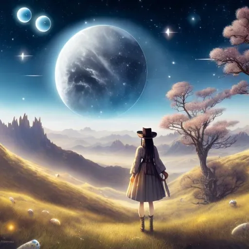 Prompt: Leonora Carrington, Yana Toboso, Surreal, mysterious, bizarre, fantastical, fantasy, sci-fi, Japanese anime, Alice, a beautiful blonde miniskirt girl lying on the hill and looking at the night sky, perfect voluminous body, bird’s eye view, cowboy shot, The universe is full of sparkling meteor showers, A blissful time, detailed masterpiece depth of field cinematic lighting 