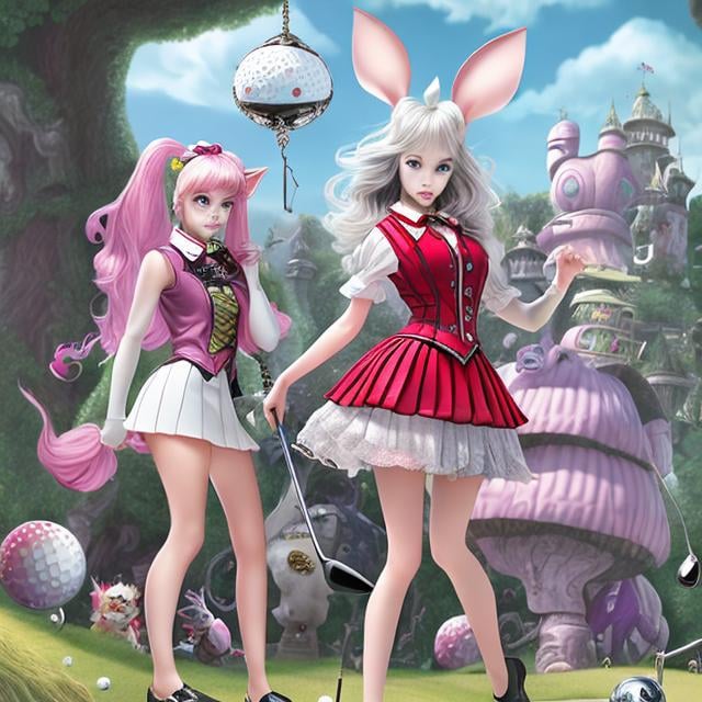 Prompt: A E Jackson, Nick Hewetson, Lola Anglada, Surreal, mysterious, bizarre, fantastical, fantasy, Sci-fi Japanese anime, beautiful blonde miniskirt girl Alice participates in golf tournament, perfect voluminous body, other players include Queen of Hearts, White Rabbit with vest, and Cheshire cat, Alice. With the swing, the golf ball flies like a bullet and makes a hole-in-one.Everyone is surprised.Alice jumps for joy.Dynamic, festive, blue sky, mushroom forest and castle, detailed masterpie