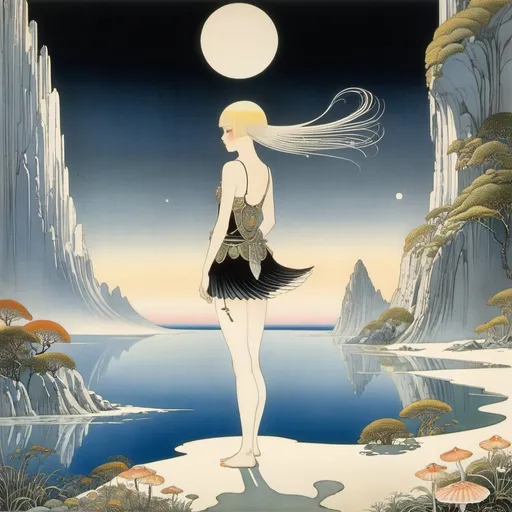 Prompt: Kay Nielsen, Rodney Greenblat, Surreal, mysterious, strange, fantastical, fantasy, Sci-fi, Japanese anime, shell of the savannah, the rising sun, beautiful girl in a miniskirt, perfect voluminous body, detailed masterpiece bird’s eye views angles