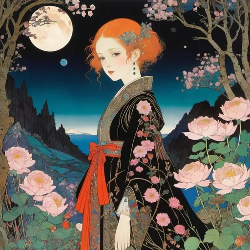 Prompt: Harry Clarke, Rachel Corcoran, William Pène du Bois, Phoebe Anna Traquair, Yuu Watase, Surrealism Mysterious Weird Fantastic Fantasy Sci-fi, Japanese Anime, Ore in plants, Absorbing minerals from the roots, Underground world, Stalactite roses, Opal cherry blossoms, Beautiful miniskirt high school girl who admires mineral plants, perfect voluminous body, detailed masterpiece 