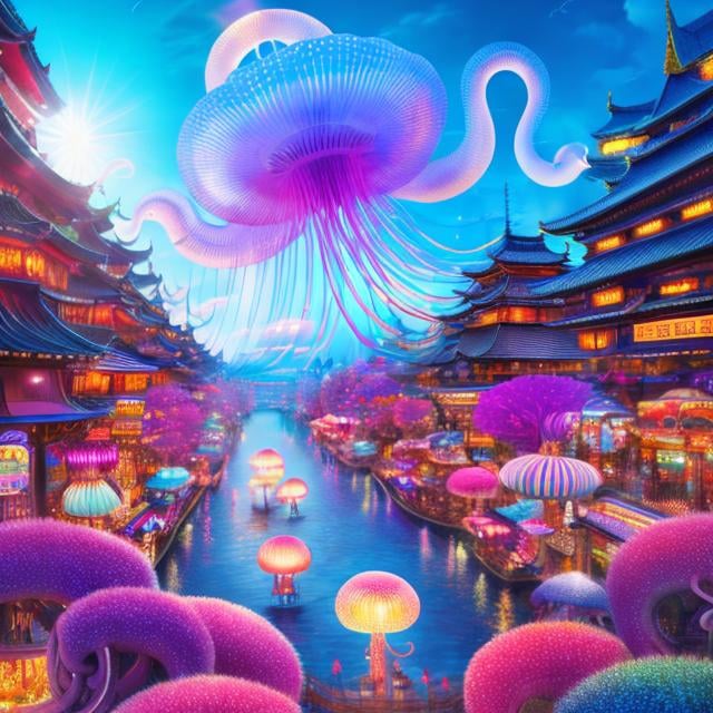 Prompt: Henryk Waniek, kiichi Okamoto, Surreal, mysterious, strange, fantastical, fantasy, Sci-fi, Japanese anime, department store rooftop, sweets amusement park, miniskirt beautiful girl's first date, perfect voluminous body, happy fun, aerial jellyfish, giant octopus, fairy tale, detailed masterpiece 