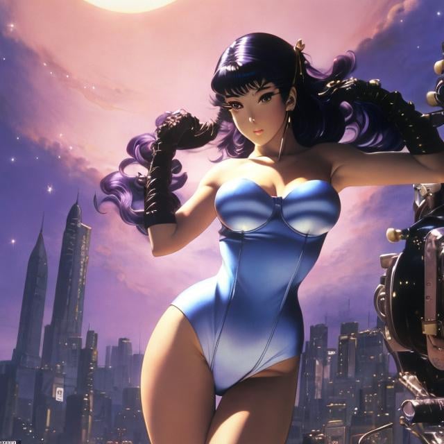 Prompt: Masamune Shirow, Frank Frazetta, Surreal, mysterious, strange, fantastical, fantasy, Sci-fi, Japanese anime, wanting to be the power behind the scenes, beautiful girl combatants in bodysuits, perfect voluminous bodies, jumping between buildings, on a moonlit night, dynamic action, countless feathers dancing like flower petals, hyper detailed masterpiece, high resolution definition quality, depth of field cinematic lighting 