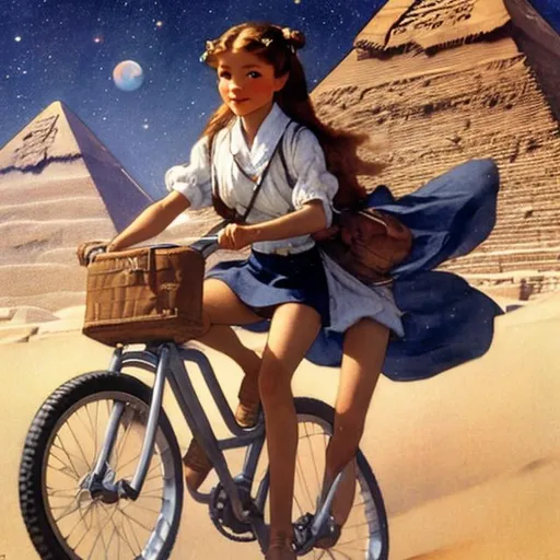 Prompt: Jessie Willcox Smith, Sulamith Wülfing, animesque　wondrous　strange　Whimsical　Sci-Fi Fantasy　Minis schoolgirl climbing the pyramids of Giza on a bicycle　a beauty girl　solo girl a moon　Milky Way　spacecraft, perfect body, shirt unbuttoned sweating high resolution masterpiece hyper detailed close up to girl